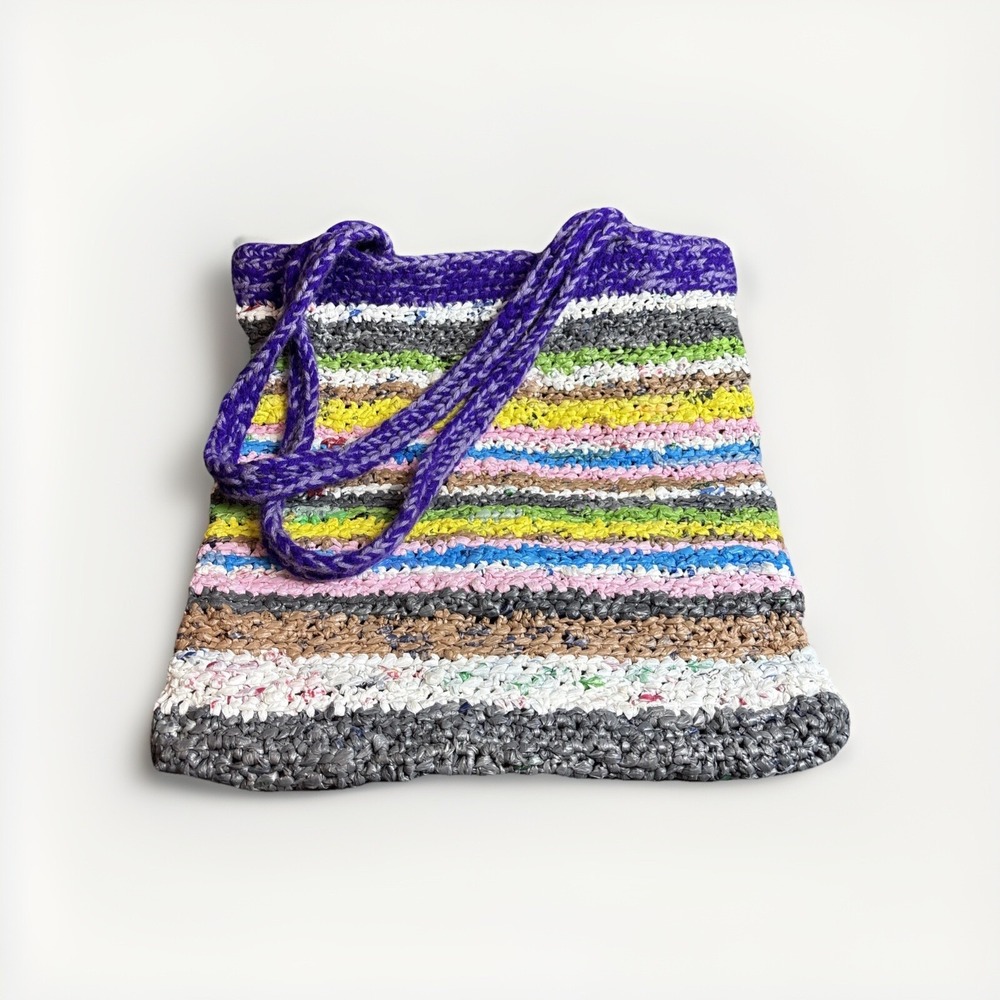 Handmade Woven Plastic Shopping Bag Tote Purse Yarn Purple‎ Sustainable Upcycle